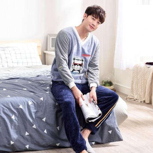 Men autumn and winter coral fleece thick flannel long sleeve trousers cute cartoon pullover fluffy pajama sets mens pajamas