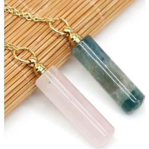 Perfume Bottle Necklace Natural Stone Fluorites Rose Quartzs Pendant Essential Oil Diffuser Charms for Women Men Healing Jewelry