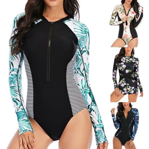 Long Sleeve Rash Guard Women Zipper One Piece Swimsuit Sports Surfing Suit Pads Swimwear Print Monokini Diving Suit Bathing Suit