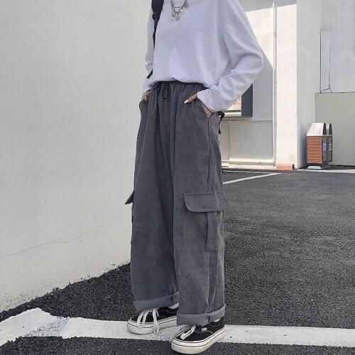 Corduroy pants men womens spring autumn new style Korean retro pocket overalls loose BF wide-leg casual pants trend hip hop