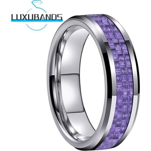 Tungsten Rings Women Wedding Bands Purple Carbon-Fiber Inlay Beveled Edges Polished Finished Comfort Fit