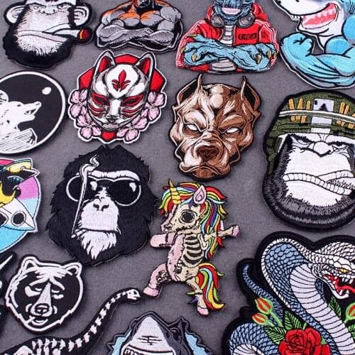 Embroidered Patch Punk Animal Patches On Clothes DIY Hippie Clothes Stripes Dog Orangutan Iron on Patches for Clothing Stickers