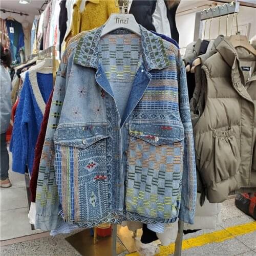 Boho Embroidery Denim Jacket Coat Women Student Outerwear Korean Autumn Loose Long Sleeve Short Jeans Jacket Female Streetwear