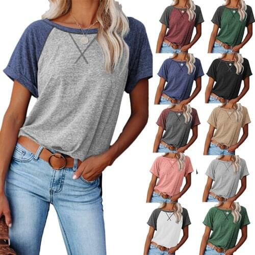 Stitching Slim Short-sleeved T-shirt Woman Round Neck Ladies Tees Crimped Casual t shirt Tees Womens Clothing