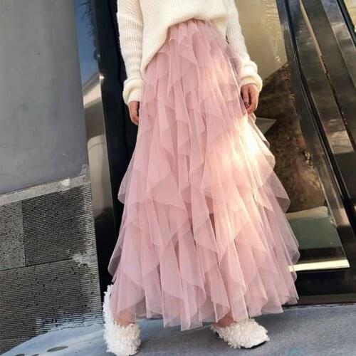 Middle High School Women Irregular Tulle Skirts Fashion Elastic High Waist Mesh Girl Tutu Skirt Pleated Skirts Kid Child Skirt