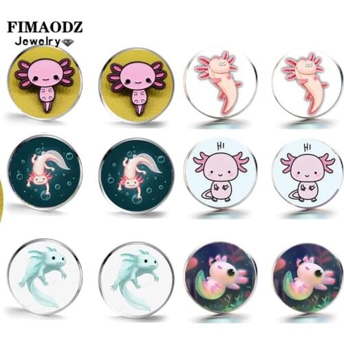 FIMAODZ 11 Styles Axolotl Stud Earrings for Women Lady Pet Animal Picture Glass Cabochon Earings Trendy Jewelry
