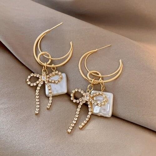 VSnow Korean Cubic Zircon Bow-knot Dangle Earrings for Women Gold Color Square Imitation Pearl C Shape Tassel Earrings Jewelry