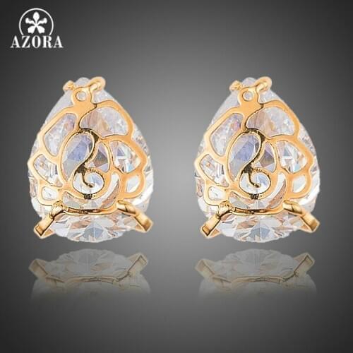AZORA Gold Color Pear Cut Clear CZ Surround Flower Earrings for Women TE0205