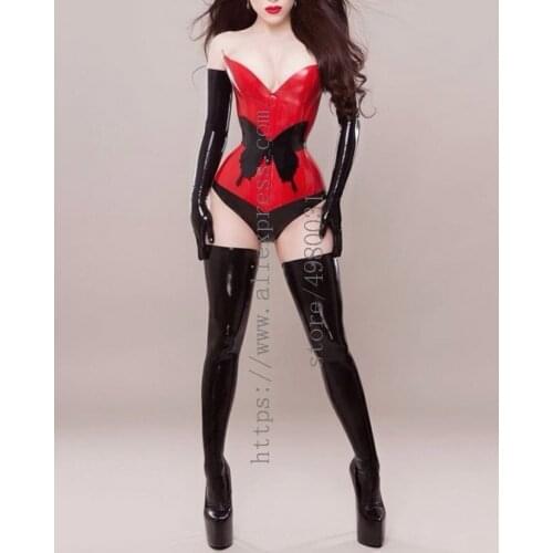 Womens unique style red 1MM thicker latex cincher corset including black underpants & stockings & gloves
