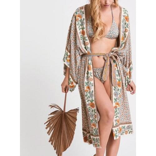 Kimono Sleeeve Swim Cover Up Dresses Women Cotton Khaki Floral Print Cardigan 2020 Summer Vestidos Casual Beach Robe