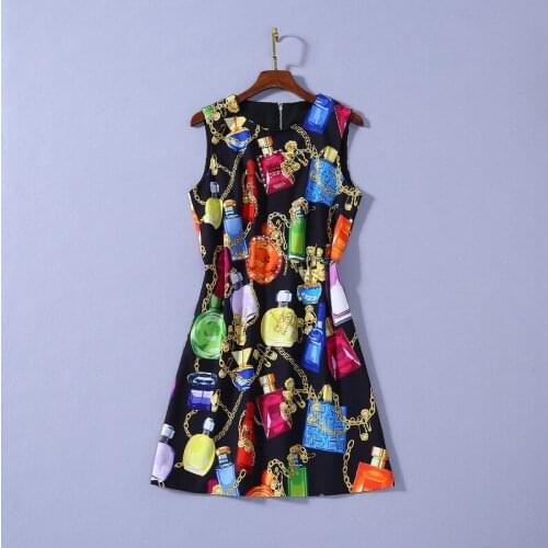 American European womens and dress 2021 summer new styles Sleeveless bead chain perfume bottle print Fashionable dress