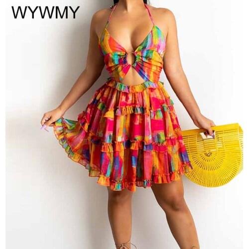 WYWMY Halter Neck V Neck Backless Beach Dress Women Round Buckle Sleeveless A-line Dress Vintage Floral Print Bohemian Dresses