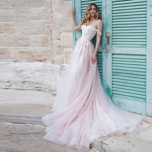 Pink Sexy Sweetheart Backless Wedding Dresses Sleeveless Lace Appliques 2021 Bridal Gowns Sweep Train Vestido De Noiva Tulle