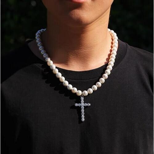 Vintage Temperament Imitation Pearl Rhinestone Cross Pendant Necklace for Women Fashion Geometric Necklace Pendants Jewelry