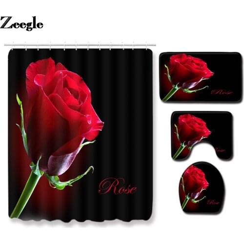 4PCS Bathroom Carpet Rug Waterproof Shower Curtain Large and Small Size Bath Mat Set Anti-slip Floor Mat Absorbent U-Shaped Rug