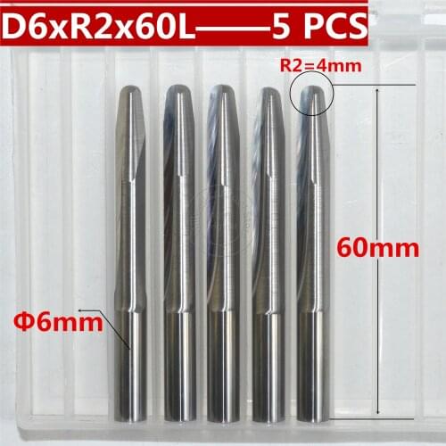 5 PCS-6mm*R2*60L,CNC carbide End Mill,woodworking insert router bit,Taper ball nose end milling cutter,deep relief,pvc,MDF