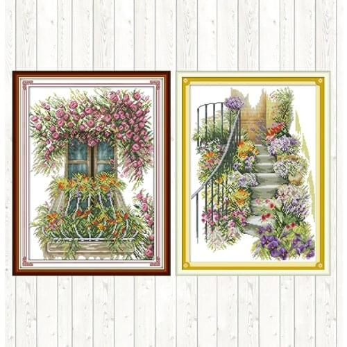 Flower Stairs Counted Cross Stitch Flowers Pattern 14ct 11ct Print on Canvas DIY Needlework Embroidery Kit Aida Fabric DMC Floss