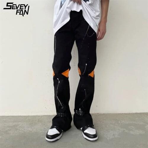 Hi Street Flared Jeans Men Fashion Color Block Patchwork Printed Streetwear Hip Hop Denim Pants Harajuku Loose Jean Trousers