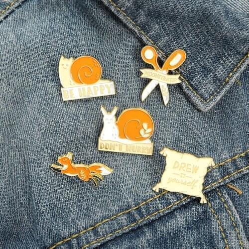 Don't Hurry Enamel Pins Custom Snails Fox Scissors Animal Brooch Lapel Pin Badge Bag Cartoon Jewelry Gift Kids Friends Wholesale