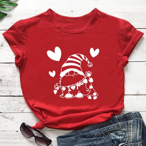 KEEPSUNNY Valentines Day Gnomes Hearts 100%Cotton Printed Womens T Shirt New Arrival Spring O-Neck Pullovers Short Sleeve Tops