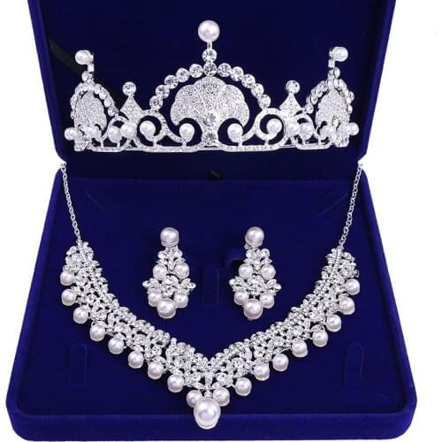 Wedding Jewelry Set Pearl Crown Necklace and Eearrings Sets Bride Jewelry 3pcs/set Bridal Hair Accessories Princess Crowns CL28