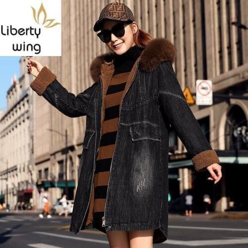 Korean Plus Cotton Liner Long Female Zip Luxury Real Fox Fur Collar Hooded Denim Windbreaker Women Trench Coat Black Blue