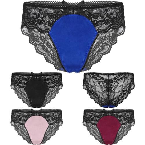 Lace Satin Men Briefs Lingerie Breathable Patchwork Underwear Sissy Nightwear See-Through Floral Underpants Low Waist Briefs New