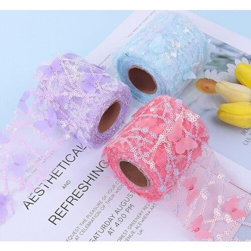 3 meters/lot Sequins Butterfly Embroidery Organza Ribbon for DIY Craft Gift Wrapping Hair Bowknot Ribbons