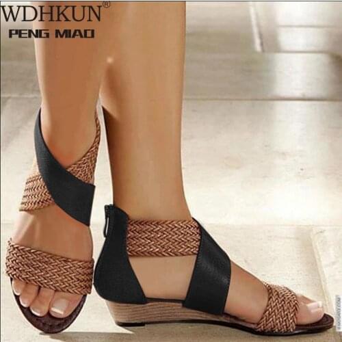 WDHKUN Fashion New Fish Mouth Leather Canvas Women Weave Wedge Heel Shoes Zipper Sandals Casual Beach Sandals Roman Shoes