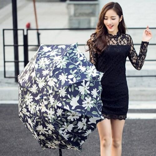 Fashion Black Coating UV Protection Sunshade Lady Umbrella Folding Priting Umbrella Rain Women