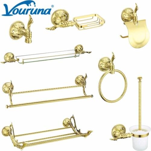 VOURUNA Golden Bath Hardware Set Bathroom Accessory Kit Toilet Paper Holder Towel Rail Basket