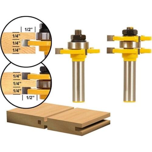 2pcs Woodworking Milling Cutter Set 6.35mm Shank 3-tooth T-slot Tungsten Steel Tongue & Groove Joint Assembly Router