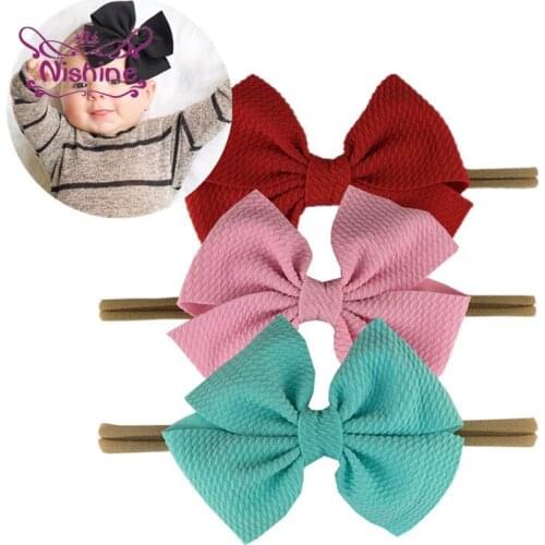 Nishine 5 Inches Handmade Fabric Bowknot Baby Girl Headband Newborn Infant Elastic Nylon Hair Bands Cute Bows Headwear 20 Colors