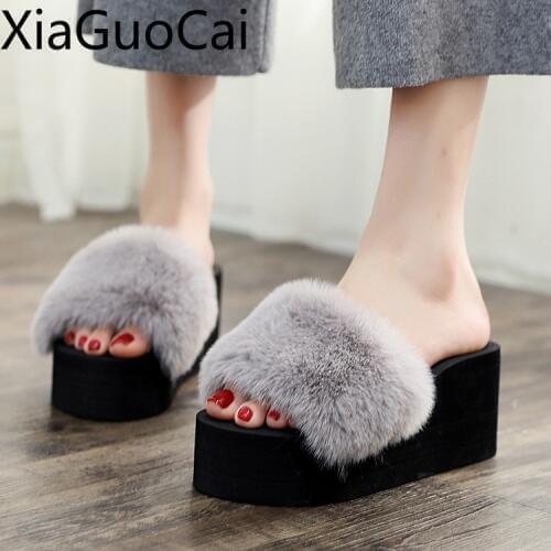 Newest Women Fur Slippers Winter Female Platform Slippers Thick Sole Slip-proof Outside Female Slippers