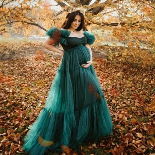 Hunter Green Pretty Tulle Dresses For Maternity Shoot Off The Shoulder Bridal Fluffy Tulle Maternity Robe Women Tulle Dressing