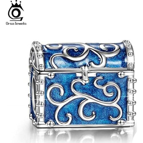 ORSA JEWELS Genuine 925 Sterling Silver Treasure Chest with Enamel Charms fit Bracelets DIY Women Party Jewelry Gift CB76