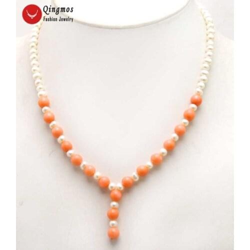 Qingmos Trendy Natural Pearl Chokers Necklace for Women with 6-7mm Round White Pearl & Pink Coral 17'' Pendant Necklace-nec5997