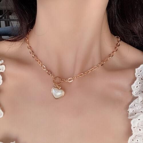 Cute Imitation Pearl Heart Pendant Necklace for Women Fashion Gold Color Clavicle Chains Choker Necklace Collares Jewelry Gifts