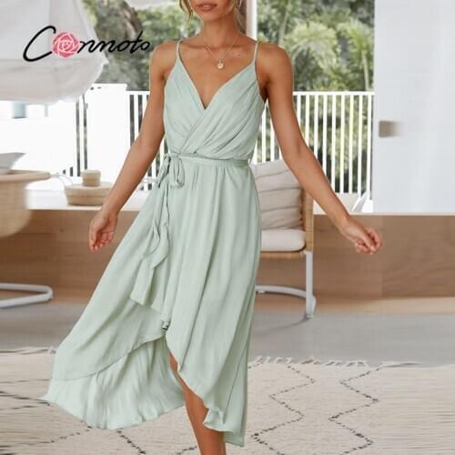 Conmoto Casual green v-neck sling midi dress women Asymmetrical belt holiday A-line summer dresses Sleeveless office solid dress