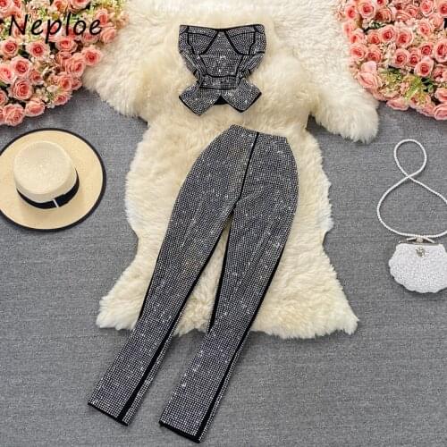 Neploe Diamond Sexy Two Piece Suits Pant Sets Slim Ruffled Tube Crop Tops + High Waist Elastic Pencil Pants Women 2pcs Summer