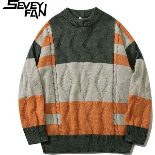 SEVEYFAN Mens New Color Contrast Jacquard Sweaters Loose Cotton O Neck Kintwear Hip Hop Pullover Sweater for Couples