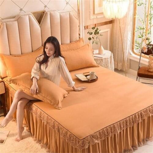 Thicken Orange Bedspread Bed Skirt Home Textile Bedding 3pcs/set(1Bed Skirt + 2pcs Pillowcase) Bed Sheet King/Quee Size F0548