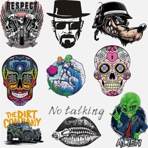 Iron On Punk/Skull Heat Transfer For Clothing Alien Transfers For Clothes Appliques Thermal Stickers For Diy T-shirt Washable