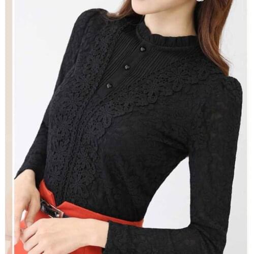 2020 Spring Autumn Women Velvet Thick Lace Embroidery Blouses Feminine Warm Shirt Long-sleeved Hollow Out Tops Femina Blusa