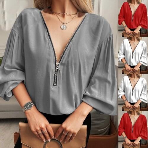 Womens Clohting 2021 Casual Blouses Spring Autumn Solid Color Zipper V-Neck Long Sleeve Shirt Woman Loose Blusas Femme Y2k Tops