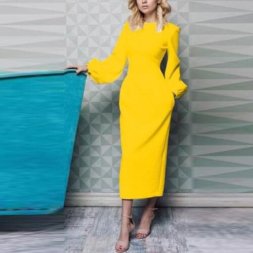 2021 Womens Long Sleeved Retro Lantern Sleeves O-neck Tunic Dress Women Elegant Black Pink Yellow Autumn Maxi Dresses Vestido