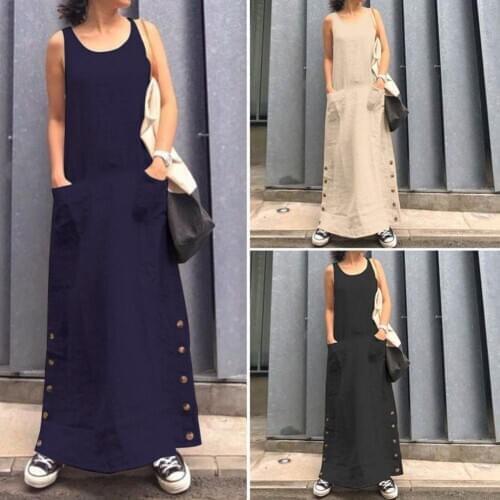 Vintage Summer Dress women Solid Color Sleeveless O Neck Pockets Button Robe Loose Dress Vestidos 5XL Female dress