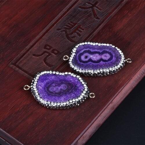 1lot Big Purple Geode Quartz Crystal Stone Pave Rhinestone Slice Bead Pendan Charms Buckles Connector Charm DIY Making Gift2020