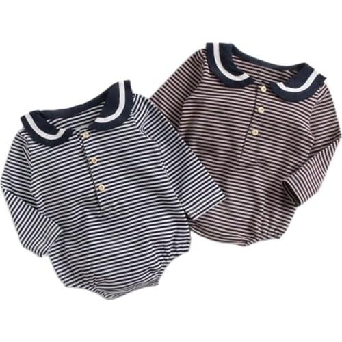 2021 New Fashion Striped Baby Boys Sailor Rompers One Piece Long Sleeve Jumpsuits Cotton Newborn Clothes Infant Costume Sunsuits