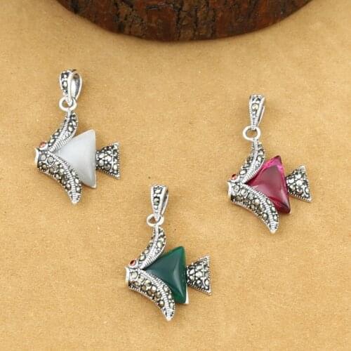 925 Sterling Silver Jewelry Retro Thai Silver Woman Delicate Fish Pendants Marcsey Inlaid Green Agate Opal